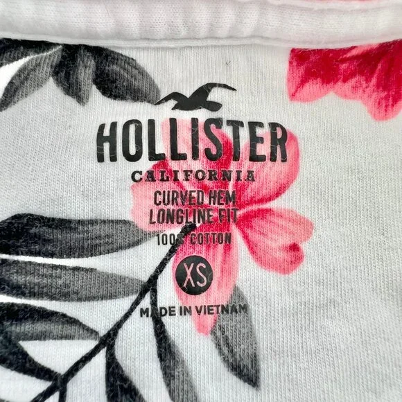 Hollister Men Longline Curved Hem Floral Pattern White Short Sleeve T-Shirt - XS - Picture 9 of 10